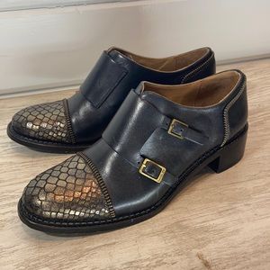 Rachel Zoe Black Leather and Snake Skin Monk Strap Buckle Shoe. Size 6.5